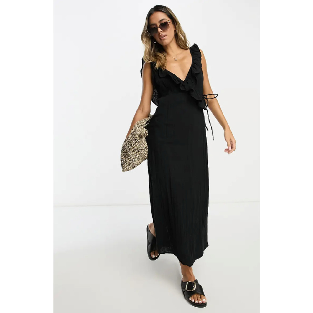 ASOS Dress Womens Black Ruffle Wrap Sundress Sleeveless Maxi V Neck Cotton NWT